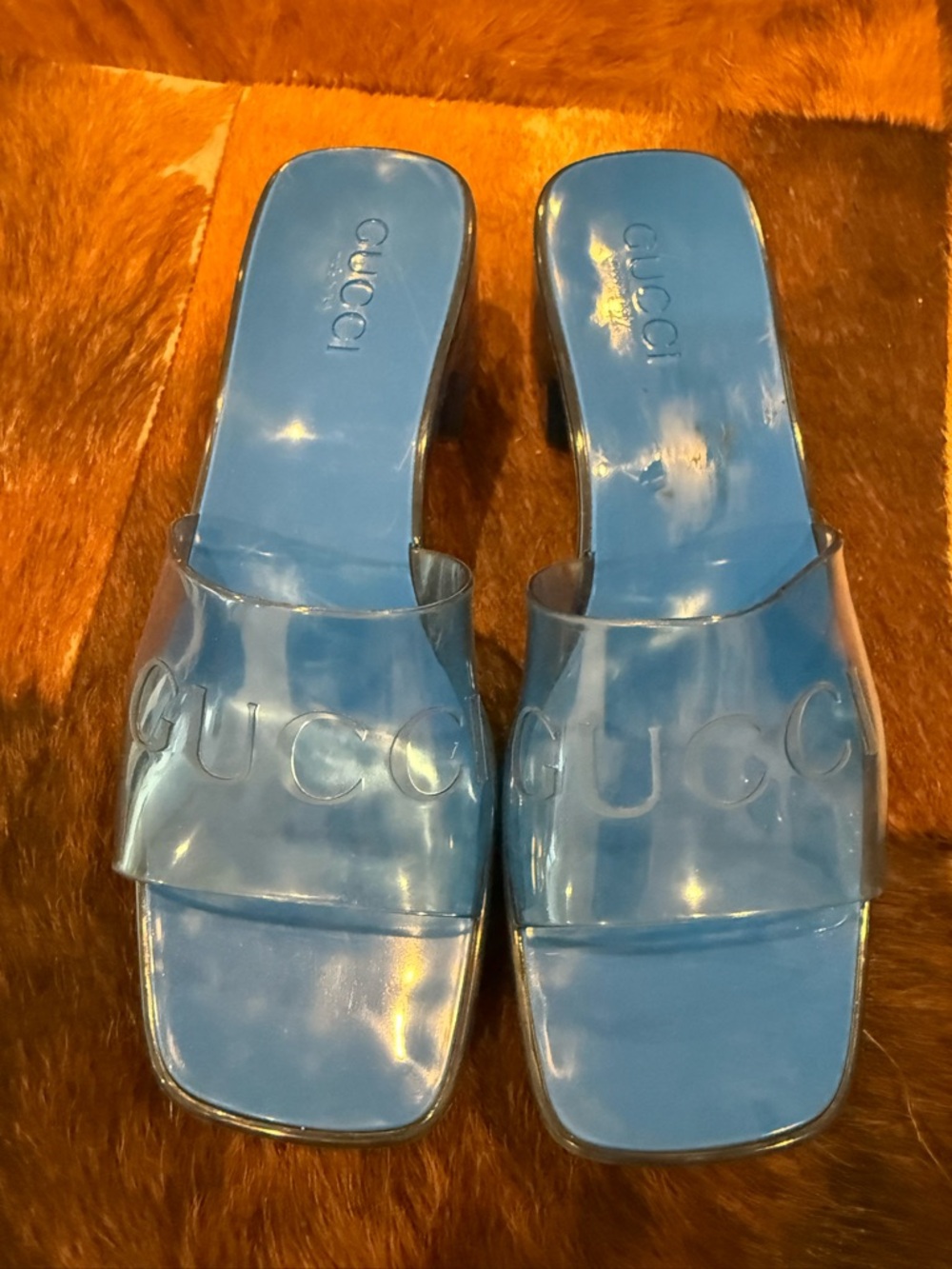Gucci Blue Rubber Heeled Slide Sandals - Picture 3 of 8